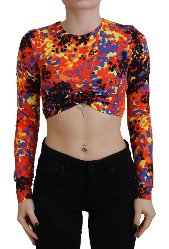 Multicolor Cami Long Sleeves Cropped Blouse Top Asymmetric Hem Blouse