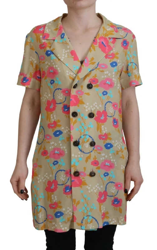 Multicolor Printed Collared Button Front Long Blouse Top Modern Oversized Blouse