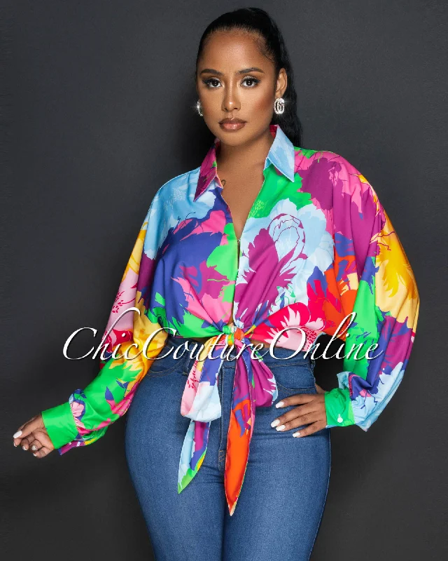 Odette Multi-Color Print Front Tie Blouse Bell Sleeve Blouse