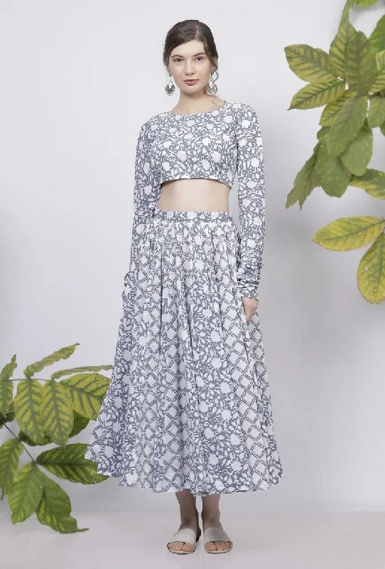 Powder Blue Full sleeves Floral Hand-Block Printed Cotton Blouse Ruched Sleeve Blouse