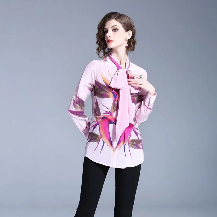 Pink Bow Tie Women Blouse Classic White Blouse
