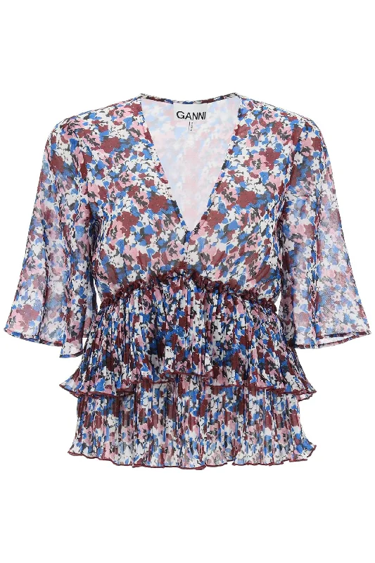 Pleated Blouse With Floral Motif Oversized Silk Blouse