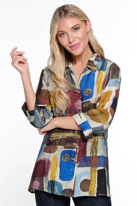 Printed Woven Button Front Blouse - Women's - Abstract Multi Feminine Ruffle Blouse
