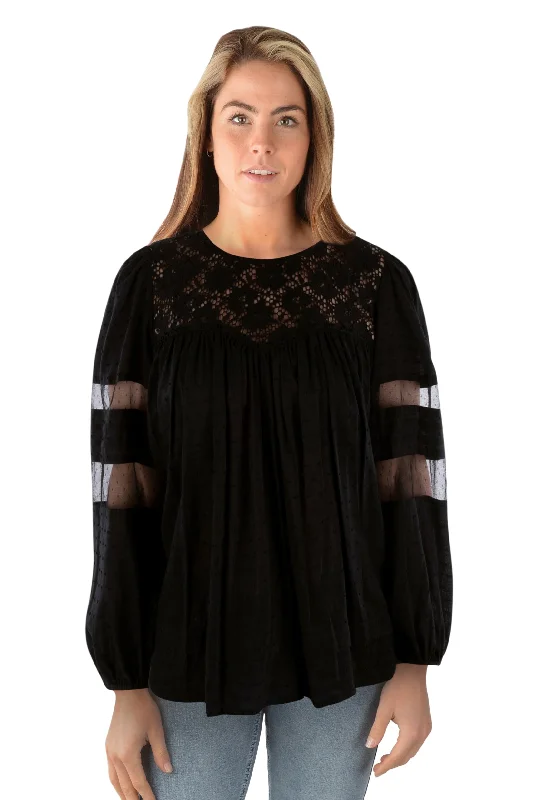 Pure Western Ladies Faye Lace Trim Blouse - Black - P3W2541705 Embellished Collar Blouse