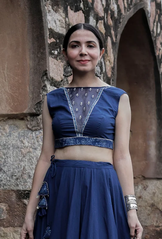Roshni Indigo Blue Organza & Print Patched Zari Embroidered blouse Floral Chiffon Blouse