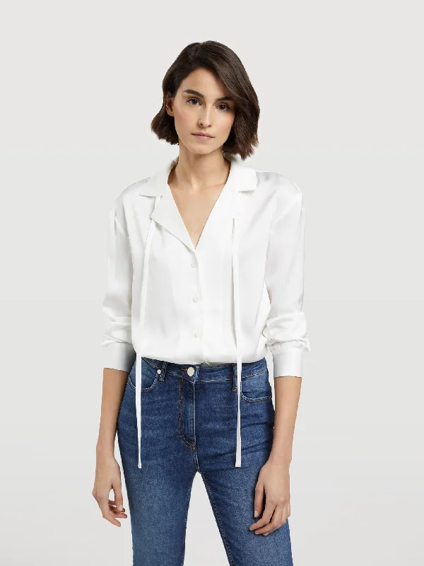 Satin Blouse With Collar Straps Sheer Sleeve Blouse