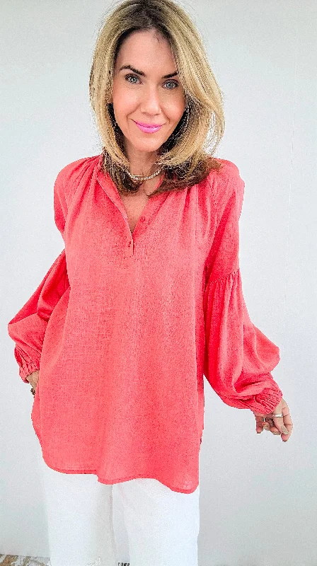 Savannah Breeze Peasant Blouse - Coral Modern Oversized Blouse