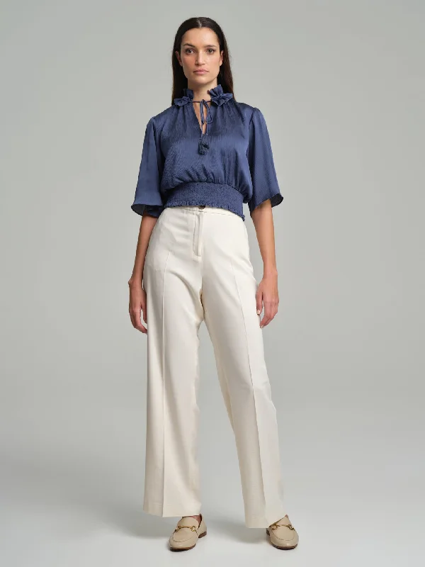 Short frilled blouse with smocked waistband High Neck Blouse