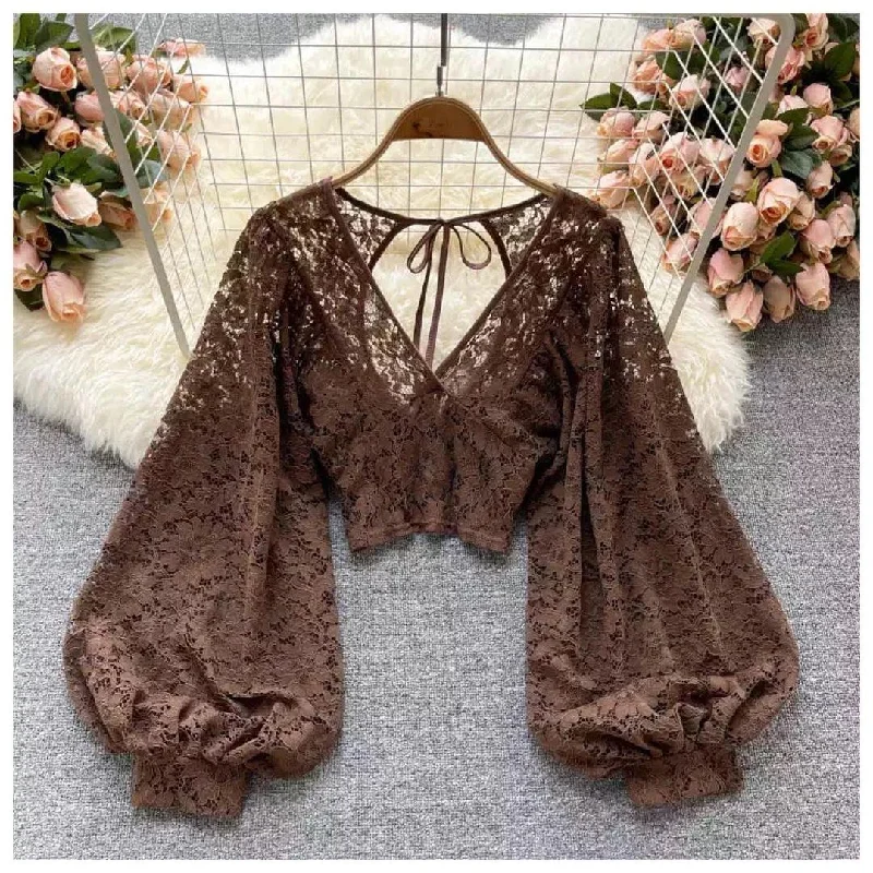 Silvia Luxury Lace Blouse Sheer Sleeve Blouse
