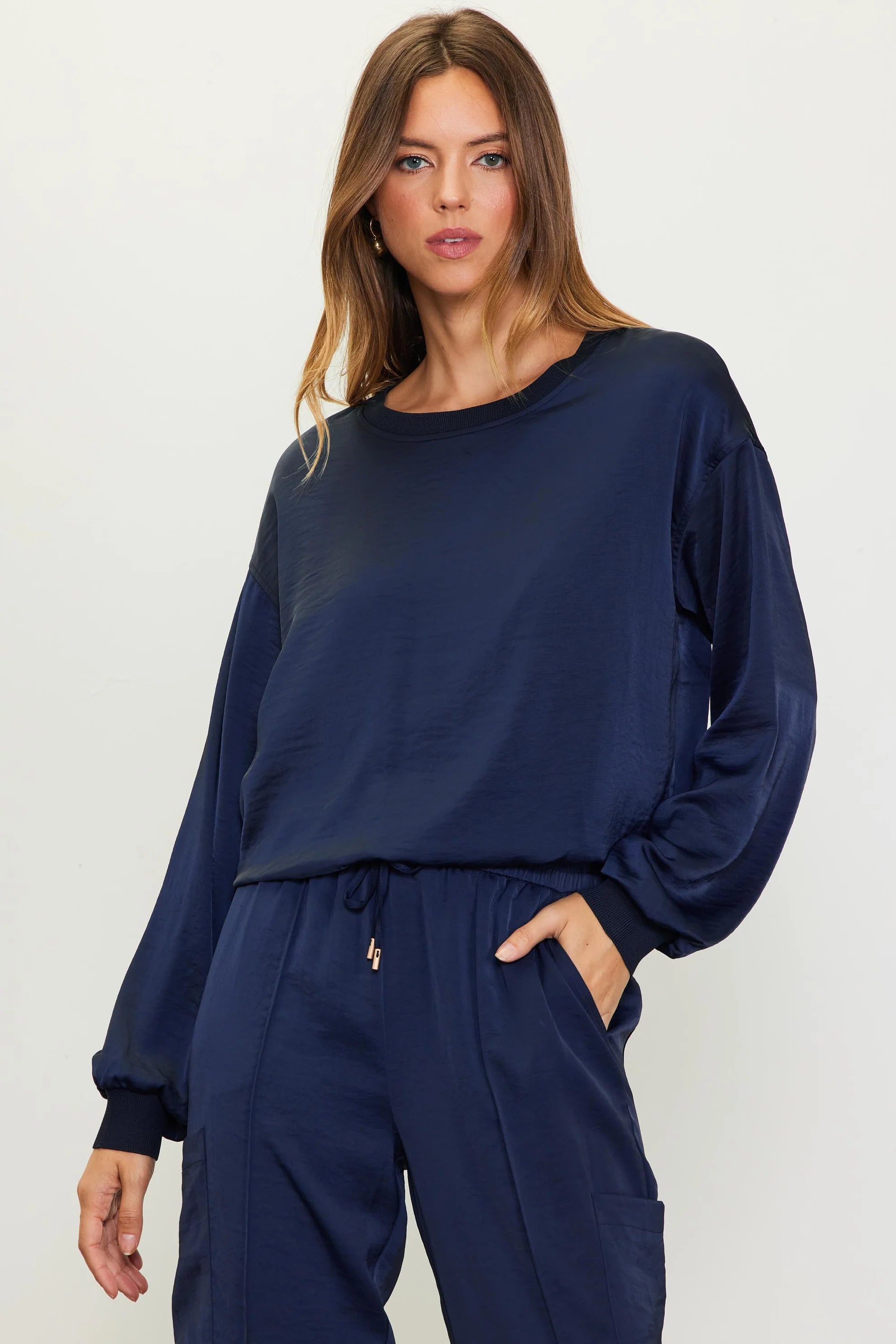 Hendrick Long Sleeve Bubble Top Blouse - Curvy Silky Draped Blouse