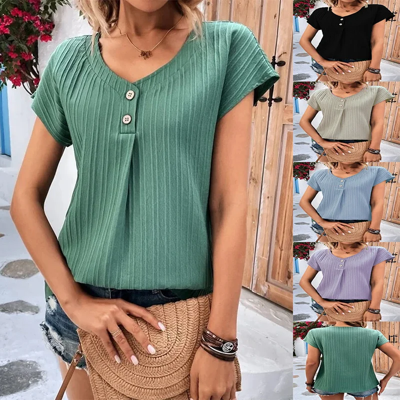 Summer Women Casual Solid Color Buttoned Fashion Short-Sleeved Blouse Semi-Sheer Blouse