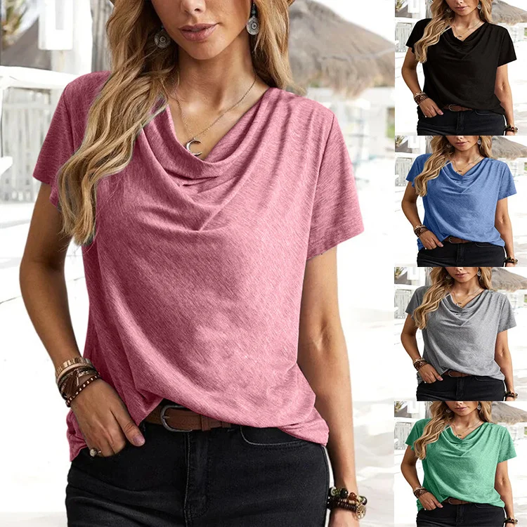 Summer Women Casual Solid Color Fashion Short-Sleeved Blouse Vintage Polka Blouse