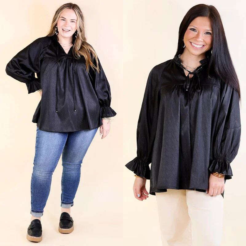 Sunset Situation Front Tie Keyhole Blouse in Black Collared Satin Blouse
