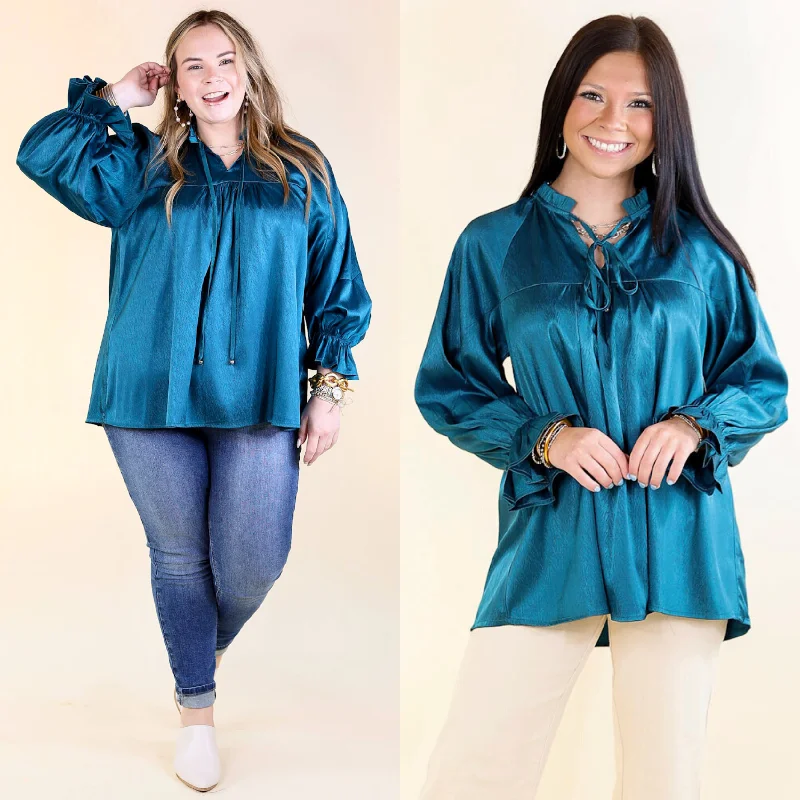 Sunset Situation Front Tie Keyhole Blouse in Teal Blue Smart Casual Blouse