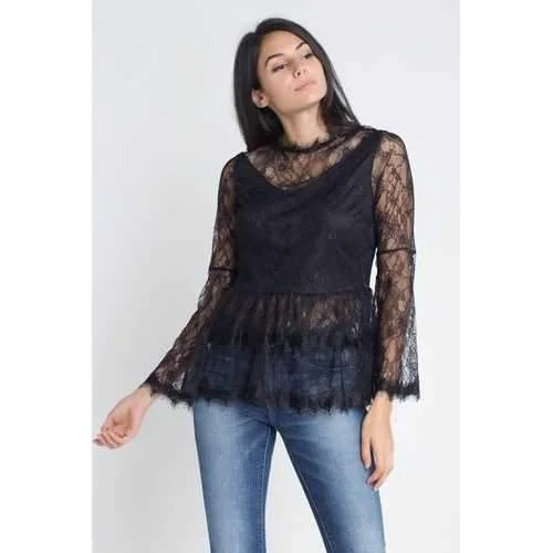 Women's Semi Lace Zipper Back Flare Sleeve Blouse Stylish Wrap Blouse