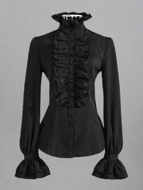 Visual Kei Formal Black Ruffled Collar Long Sleeve Blouse Smart Business Blouse