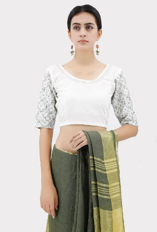 White Blouse With Green Kantha Sleeves Chic Off-Shoulder Blouse