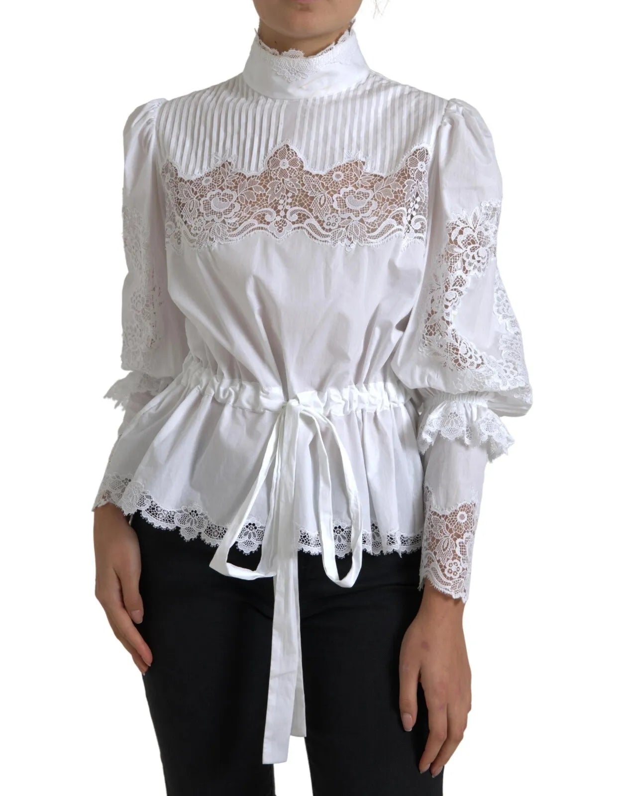 White Cotton Lace Trim Turtle Neck Top Blouse Collared Satin Blouse