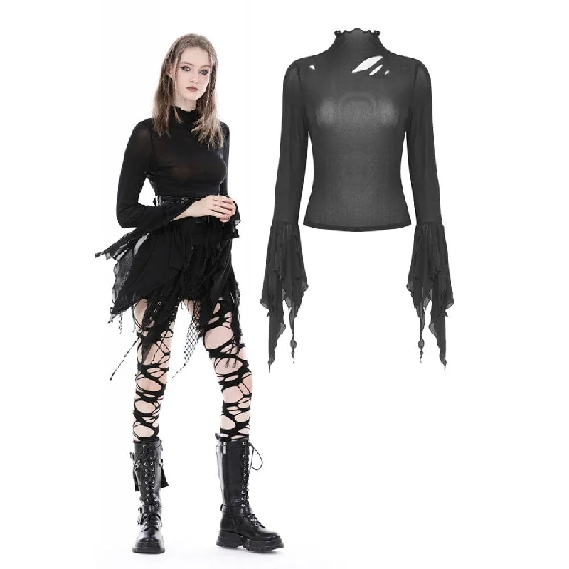 Women's Gothic Cutout Flared Sleeved Mesh Blouse Delicate Pleat Blouse