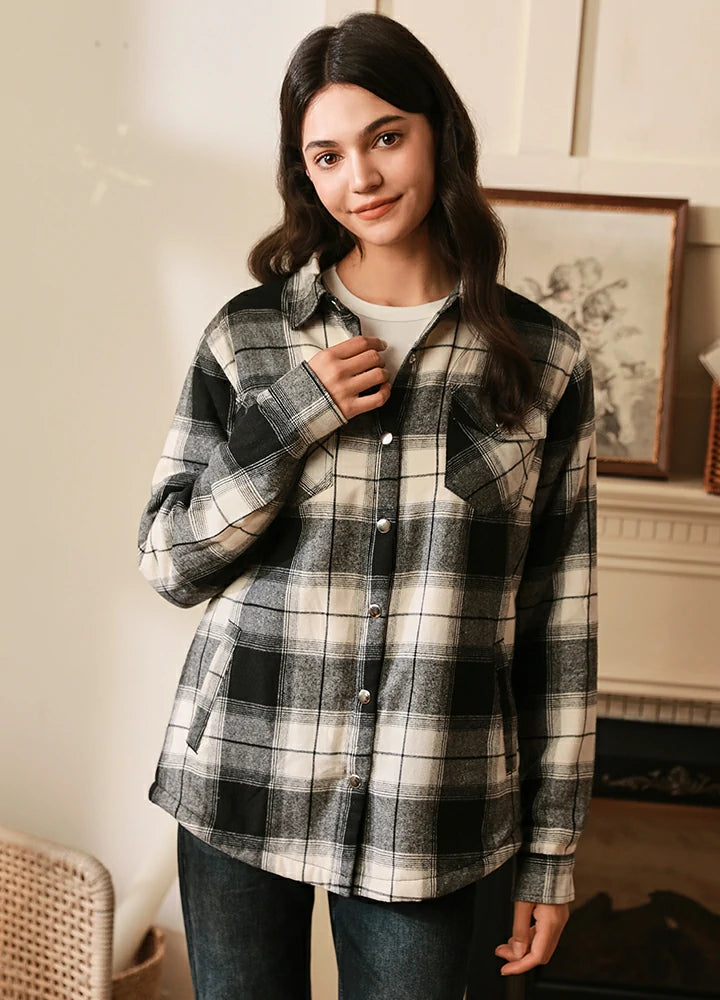 Women's Matching Family Black White Snap Up Flannel Shacket Office-Ready Blouse