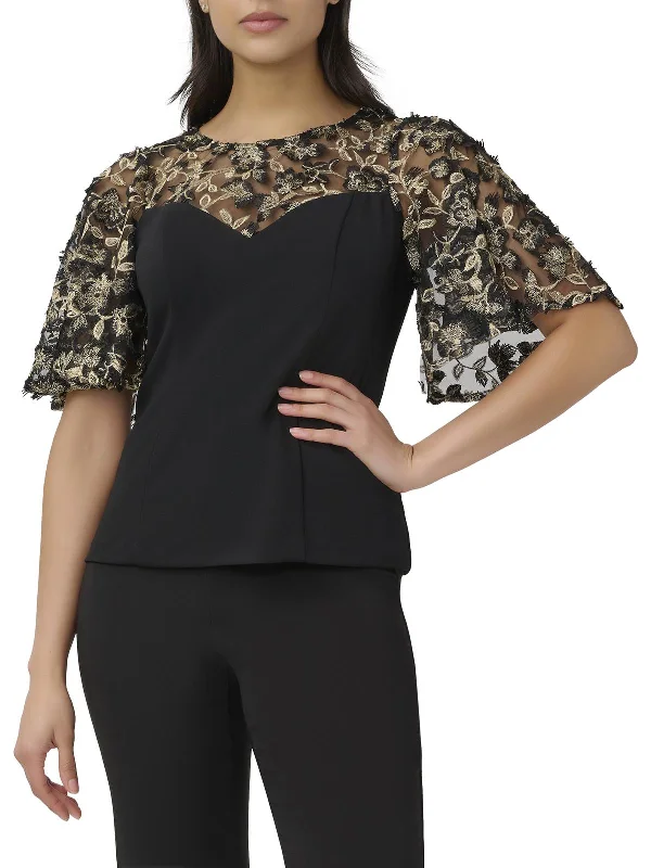 Womens Metallic Floral Blouse Puff Sleeve Blouse
