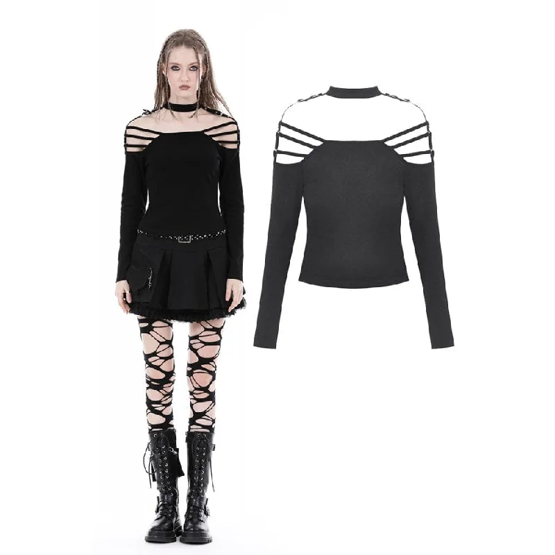 Women's Punk Off Shoulder Buckle Blouse Classic Striped Blouse