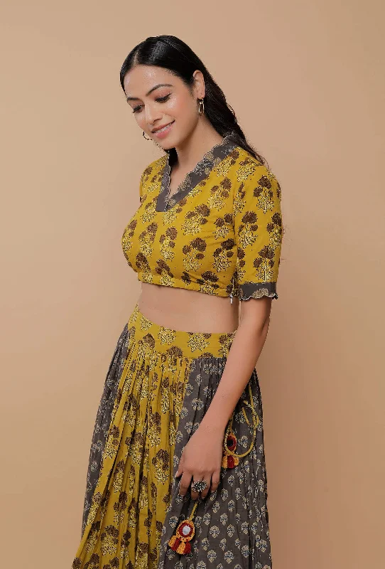 Yellow And Grey Handblock Printed Ajrakh Creative V Neck Blouse Drape Neck Blouse