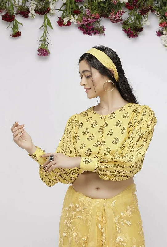 Yellow Cotton  Hand-Block Printed Blouse Pleated Collar Blouse