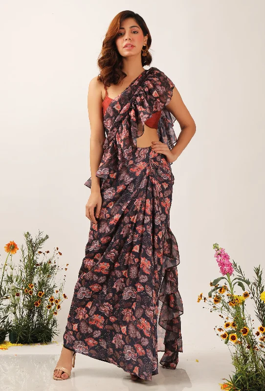 Zoon Floral Chintz Ruffled Pre Draped Sari With Rust Strappy Blouse Casual Stripe Blouse