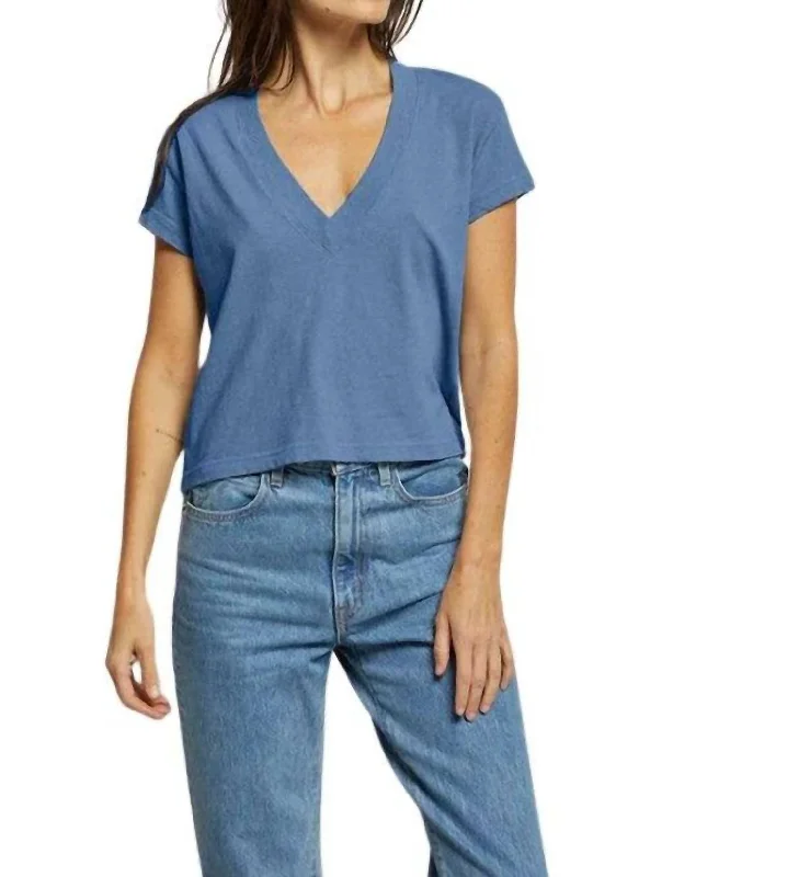 Alanis Cotton V-Neck Tee In Carolina Blue Front Pockets Side Pockets Patch Pockets