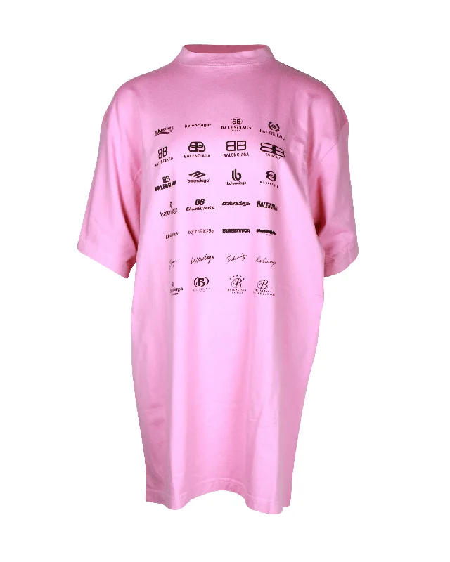 Balenciaga Archives Logos-Print Oversized T-shirt in Pink Cotton Basic T-Shirt Crew Neck Short Sleeve