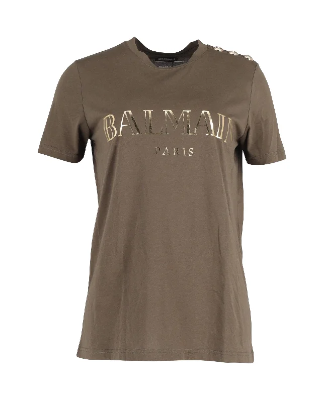 Balmain Metallic Logo T-shirt with Shoulder Gold Buttons in Khaki Cotton Zippered Buttoned Snapped
