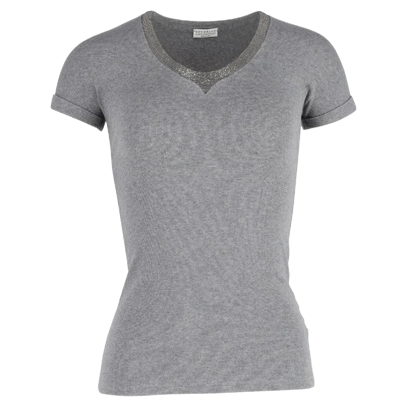 Brunello Cucinelli Metallic Neckline T-Shirt in Grey Cotton Chenille Brocade Lace