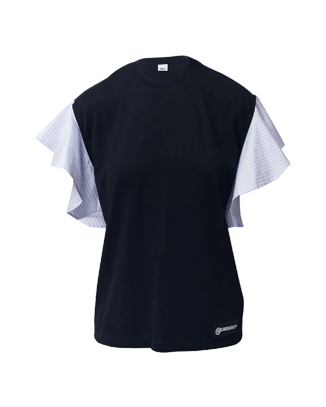 Burberry Striped Ruffled-Sleeve Oversized T-shirt In Black Cotton Fashionable Trendy Casual