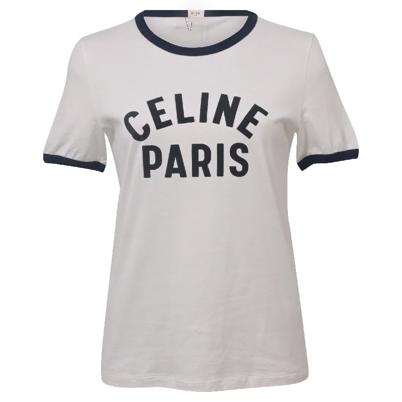 Celine Logo Short Sleeve T-Shirt in White Cotton Handmade Hand-knitted Hand-woven