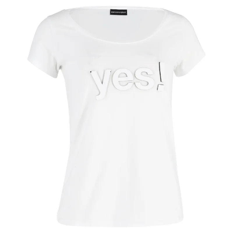 Emporio Armani Embossed Yes T-Shirt in White Cotton Satin Fabric Silk Fabric Chiffon Fabric