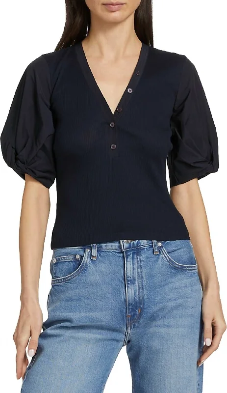 Fallon Mixed Media Tee In Black Zippered Buttoned Snapped