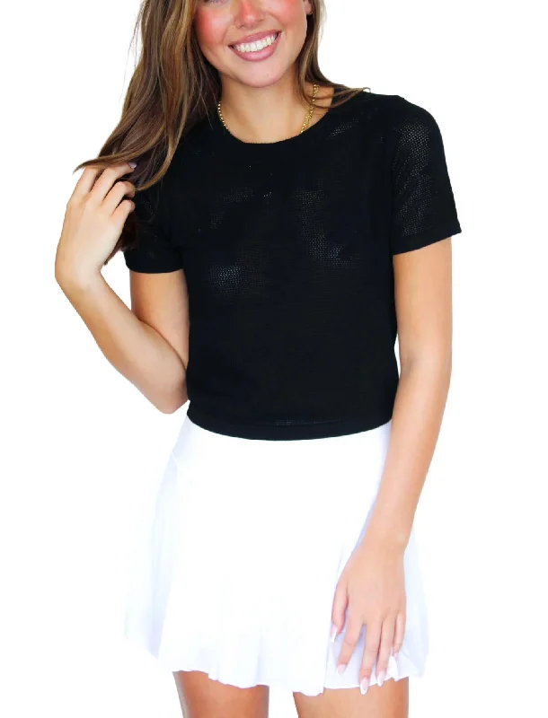 Floral Stitch Cropped Tee In Black Cotton Fabric Linen Fabric Terry Fabric