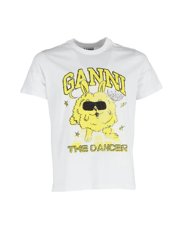 Ganni Dance Bunny T-Shirt in White Cotton Striped Floral Plaid