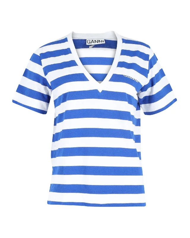 Ganni Striped V-neck T-shirt in Blue and White Cotton Rayon Fabric Velvet Fabric Corduroy Fabric