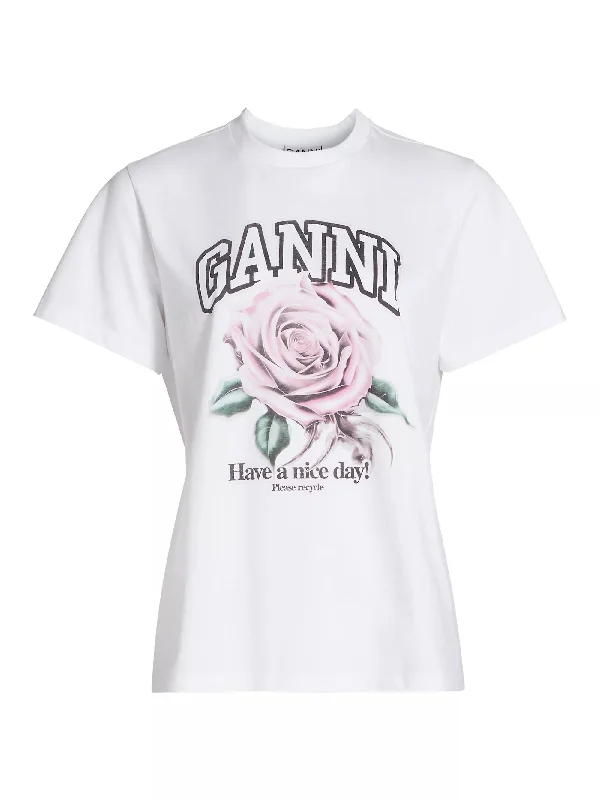 Ganni Women's Rose Print Tee, Bright White Hooded Caped Shawl Collar