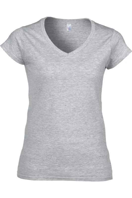 Gildan Ladies Soft Style Short Sleeve V-Neck T-Shirt Print Jacquard Patchwork