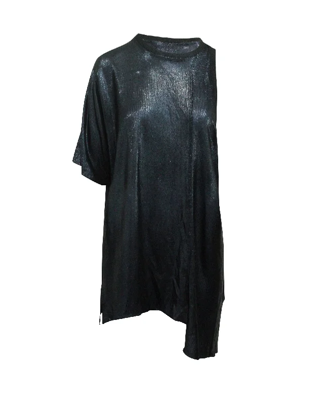 Golden Goose One-Sleeve T-Shirt in Navy Blue Viscose Graphic Embroidered Appliqued