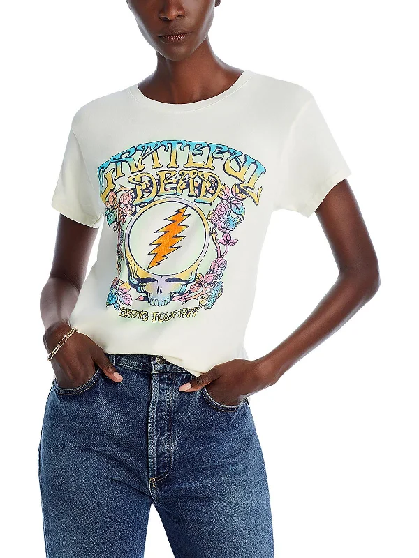 Grateful Dead Womens Crewneck Printed Graphic T-Shirt Embroidered Appliqued Beaded