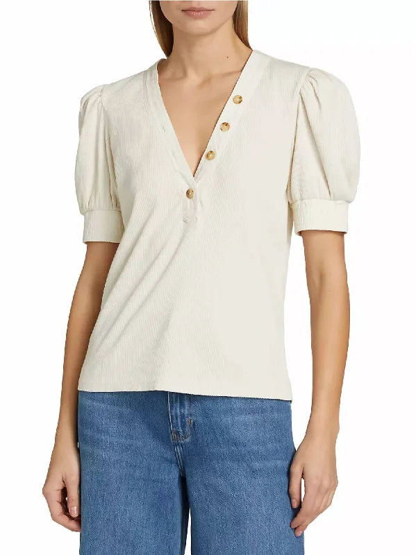 Heather V-Neck Puff Sleeve T-Shirt In Off White Boxy Fit Fitted Loose