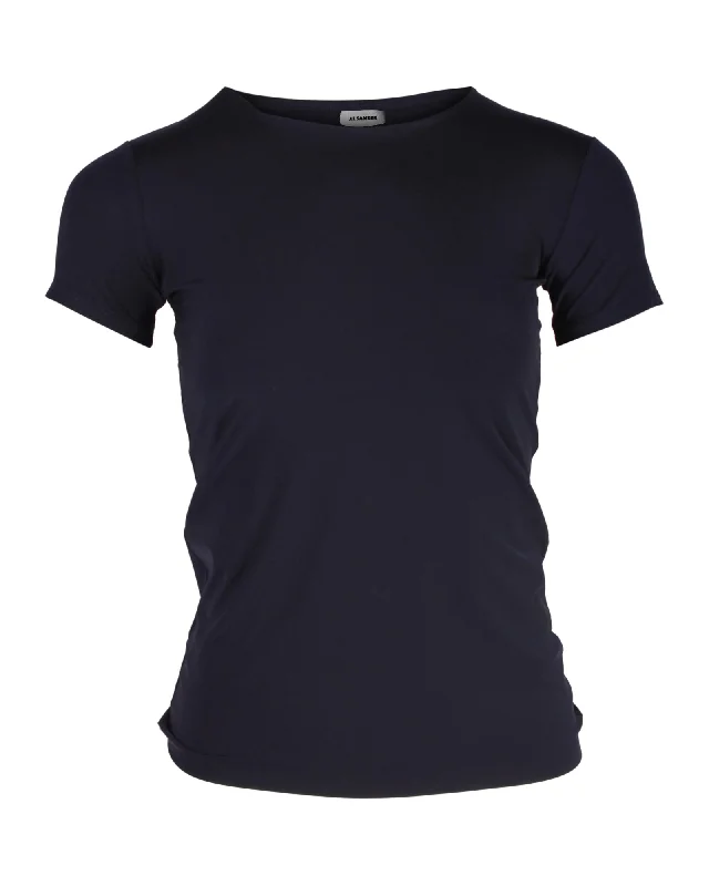 Jil Sander Short Sleeve T-Shirt in Navy Polyester Spandex Blend Rayon Blend Denim Blend
