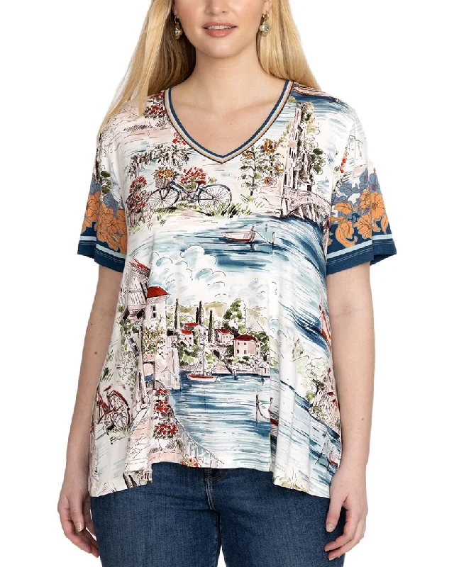 Johnny Was Janie Favorite V-Neck T-Shirt Mesh Blend Leather Blend Suede Blend