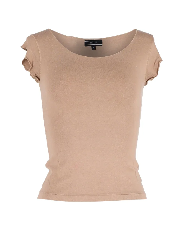 Joseph Cap Sleeve T-shirt in Brown Viscose Houndstooth Herringbone Solid