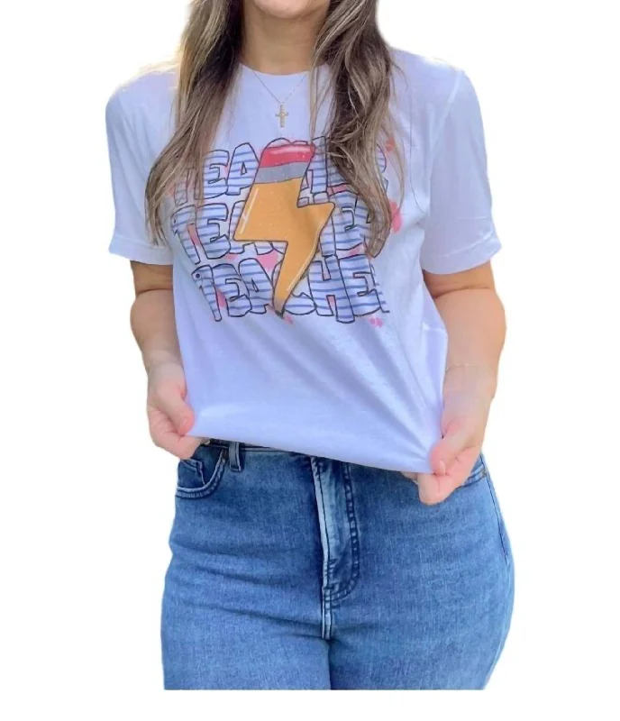 Lightening Bolt Pencil Teacher Tee In White Collared Crew Neck Turtle Neck