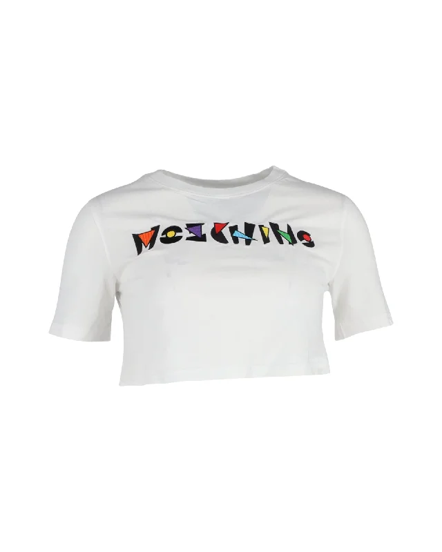 Moschino Logo Cropped T-Shirt in White Cotton Print Jacquard Patchwork